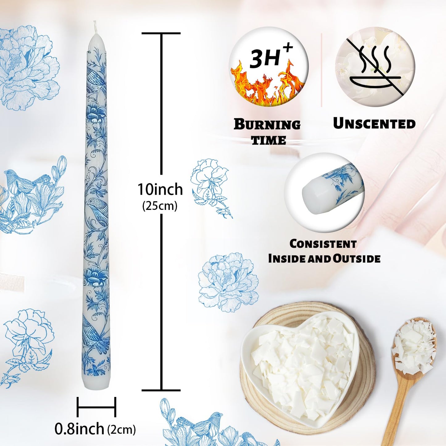 Floral Taper Candles 10 Inch Tall Unscented Handmade Blue and White Mandarin Duck Print Long Burning Elegant Candlesticks for Wedding Dinner Home Decor