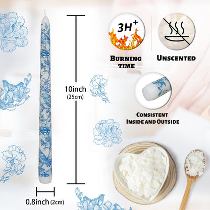 Floral Taper Candles 10 Inch Tall Unscented Handmade Blue and White Mandarin Duck Print Long Burning Elegant Candlesticks for Wedding Dinner Home Decor