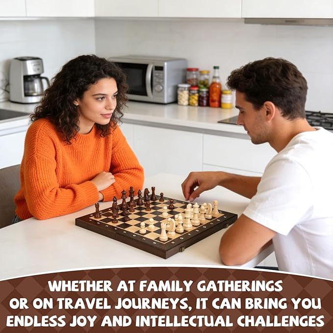 15 Magnetic Wooden Chess Set for KidsAdults &amp Beginners with 3 King &amp 2 Extra Queens – Portable Folding Travel Chess Board with Storage – Classic Strategy Game