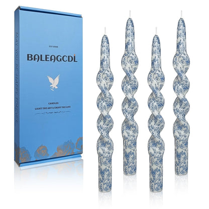 Spiral Candlesticks Set of 4 - Handmade Unscented Blue Floral Print Taper Candle 10" Long Blue Flower Design for Home, Wedding, Gifts