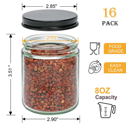 Salzesfalls 16 Pack Clear Candle Jars for Making Candles,8 oz Glass Jars with Lids,Candle Jars with 16 Metal lids,Canning Jars For Candles,Spice,Powder,Liquid,Sample