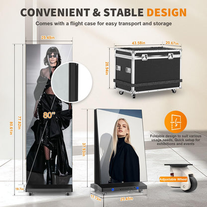 80" LED Digital Signage Display with Flight Case, P1.86 Foldable Spliceable LED Poster Screen Kiosk with Content Management System, WiFi/USB/HDMI for Events, Rentals & Commercial Use (Black, 2 Panel)