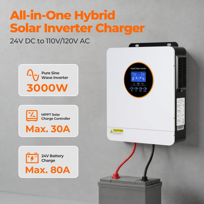 AuraSolar Hybrid Solar Inverter, 3000W 24V DC to 120V AC Pure Sine Wave Power Inverter, 80A MPPT Solar Charge Controller, for Off-Grid Home RV, Supports Battery-Less or Lead Acid/Lithium Battery