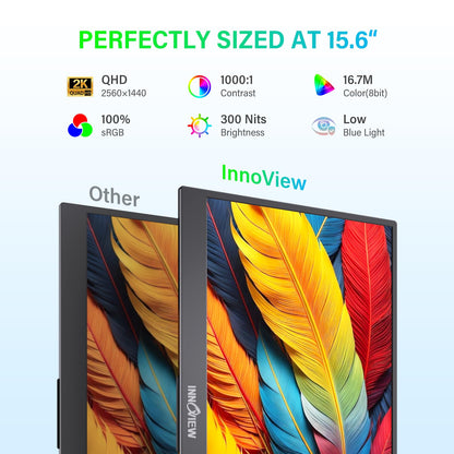 InnoView 2K Portable Monitor for Laptop 15.6" 2560×1440 QHD 100% sRGB Built-in Speaker USB C Standard HDMI External Second Screen for Mac Laptop Phone PS4/5 Xbox Switch
