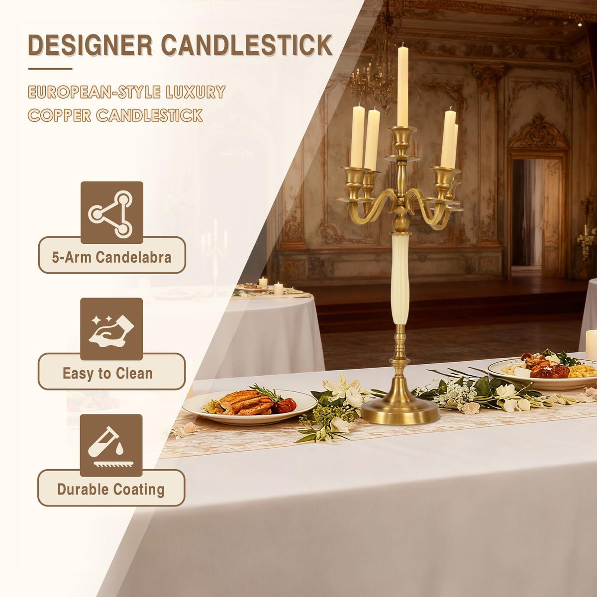 OssifragaBone 5 Candle Metal Golden Metal Candlestick Holder Wedding Event Candelabra Candle Stand for Wedding Dining Table Xmas Party Home Decor