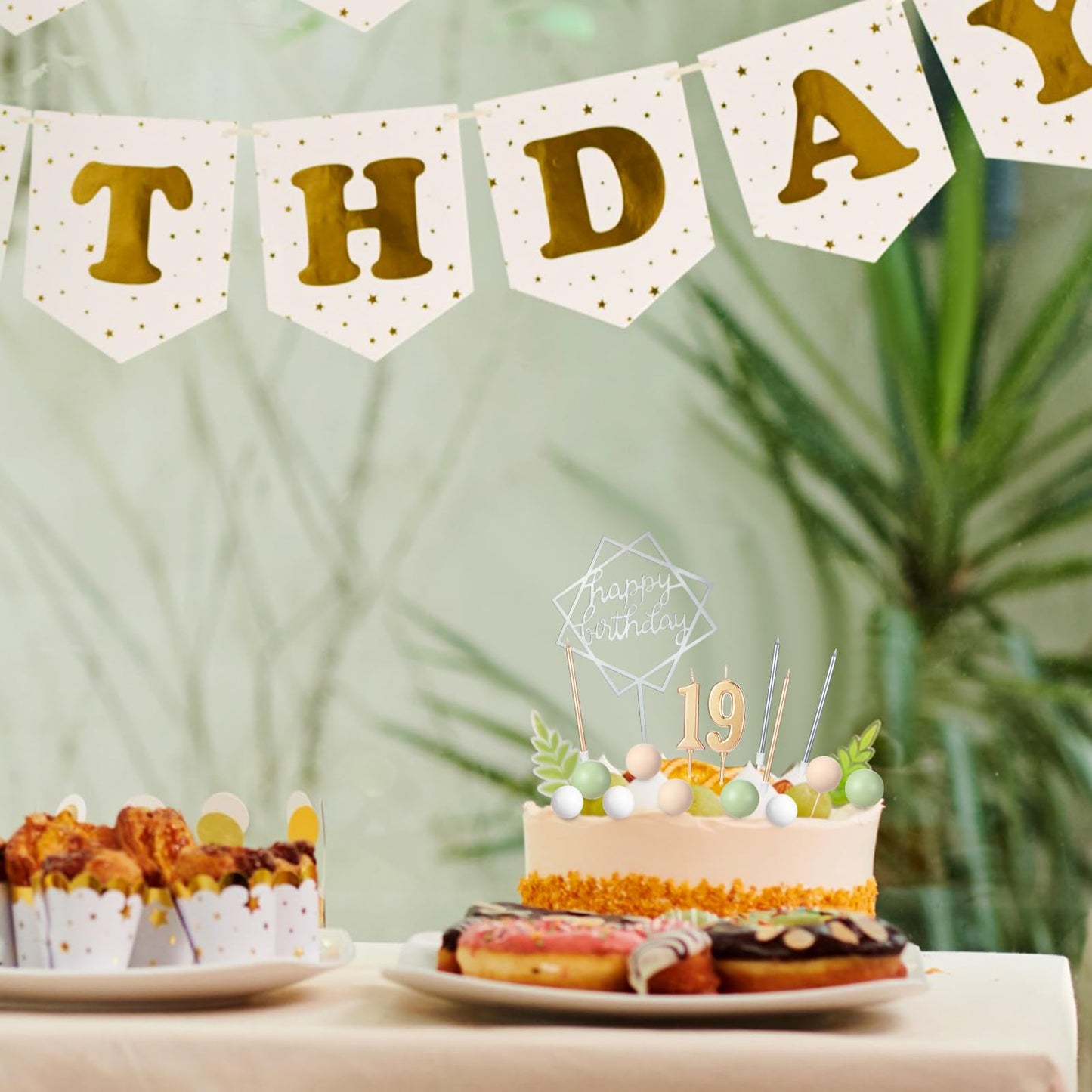 Yerliker 34 Pcs Happy Birthday Cake Toppers Decorations Birthday Candles DIY Cake Decor for Men Women Wedding Anniversary(Sage Green)