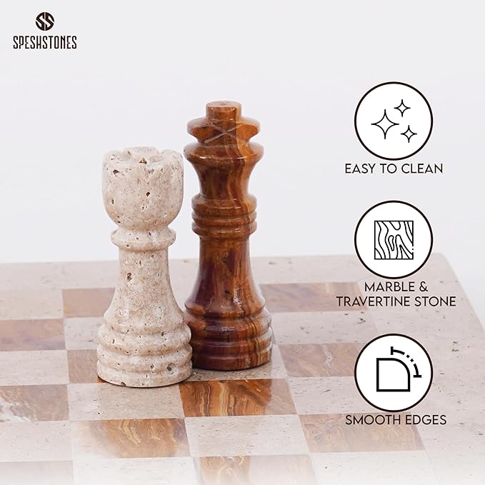 Marble Chess Set for Adults 12 Inch Handmade Travertine and Brown Board Game with Storage Box Classic Table Chess Set with Pieces &amp 2 Extra Queens Gifts &amp Home Décor