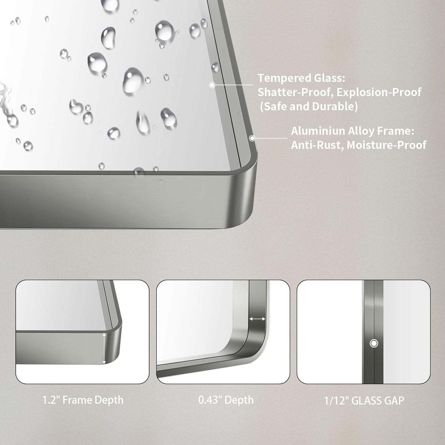 LOAAO Brushed Nickel Bathroom Mirror - 28X36 Inch Rounded Rectangle Design, Anti-Rust & Shatterproof