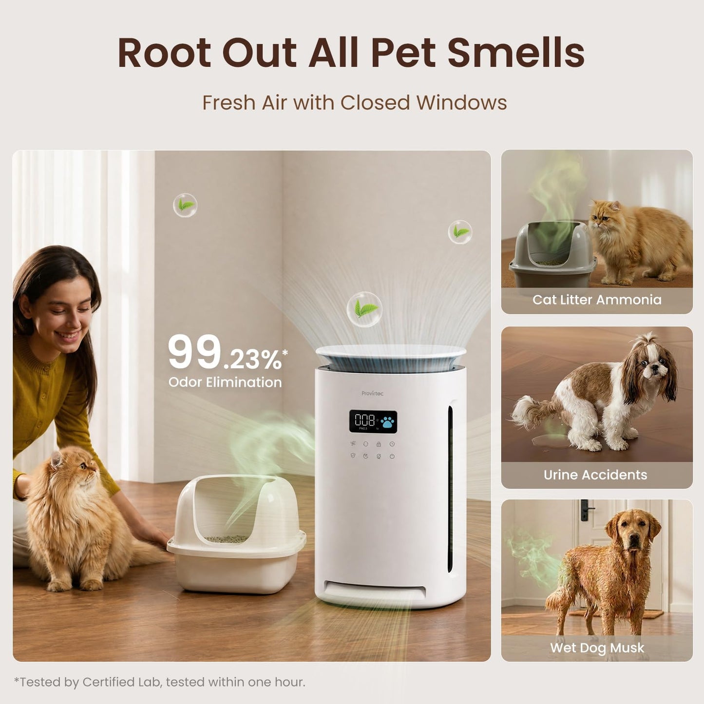 Provirtec Pawtent Pro Pet Air Purifier, 2-Year Filter Life, 99.23% Pet Odor & 99.97% Allergies & 99.70% Pet Hair Reduction, H13 True HEPA, Large Room up to 2500 ft², Auto Mode for Cats Dogs Home