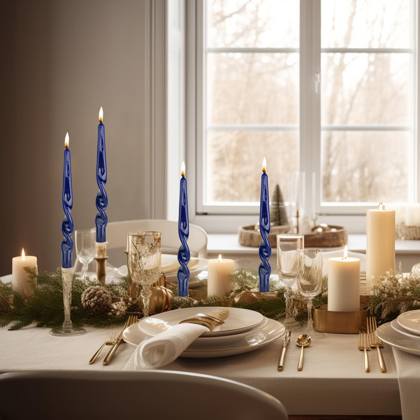 MAITREYA Navy Spiral Taper Candles-Set of 4 for Decoration Weddings Party Church-Unscented Dripless Candles,10inch(Navy-B)