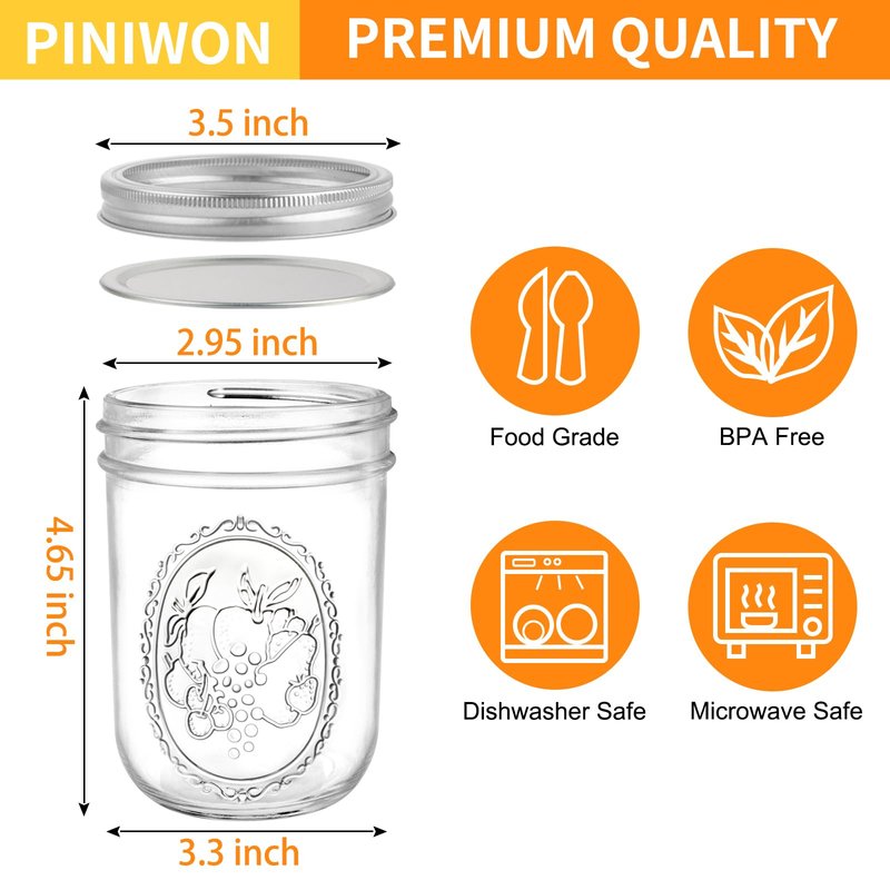 PINIWON Wide Mouth Mason Jars 16 oz with Airtight Lids and Bands, 6 Pack Canning Jars, Clear Glass Pint Jars for Canning, Fermenting, Pickling, Meal Prep, Overnight Oats