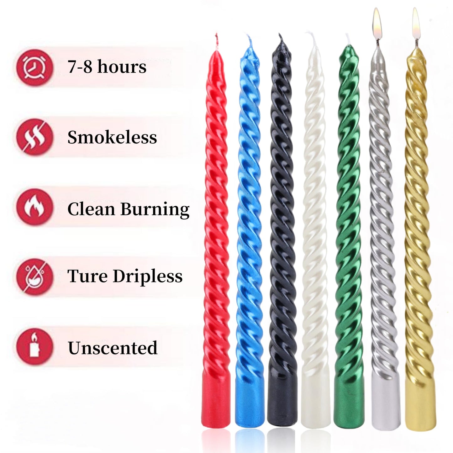 SEVEN LUCKY LIGHT 10 Inch Spiral White Taper Candles Set of 4, Metallic Finish Dripless Candlesticks, 8+ hrs Smokeless Clean Burning for Christmas, Home, Dinner, Wedding & Church Decor