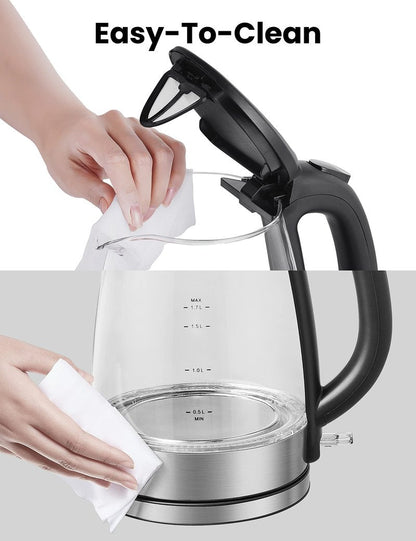 COMFEE' Glass Electric Tea Kettle & Hot Water Kettle Electric, 1.7L Electric Kettle with LED Indicator, 1500W Fast Boil, Auto Shut-Off and Boil-Dry Protection