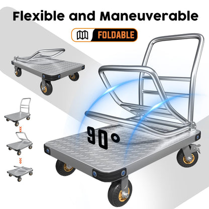 Lomive Heavy Duty Platform Truck Flat Moving Cart Hand Trucks, 1500Lbs Steel Push Cart Dolly, 30 x 19in Large Flatbed with 4'' 360 Degree Swivel Wheels for Easy Storage