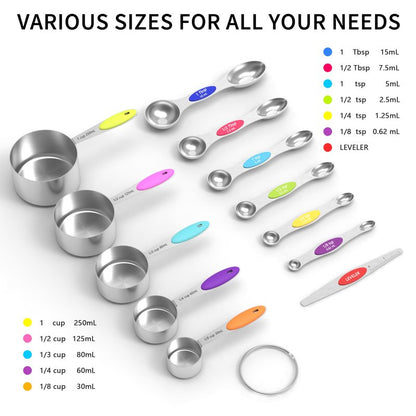 TILUCK measuring cups and magnetic measuring spoons set, stainless steel measuring cups, 6 double-sided stainless steel measuring spoons & 1 leveler (12)