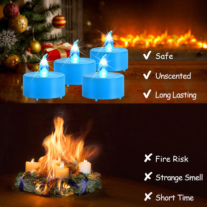 Baikaraer Battery Operated Tea Lights Candles, Flameless Electric Fake Candle, 100 Pack Flickering Votive Led Tealights, Long Lasting 200+Hours, for Wedding Party Home Decoration (Blue)