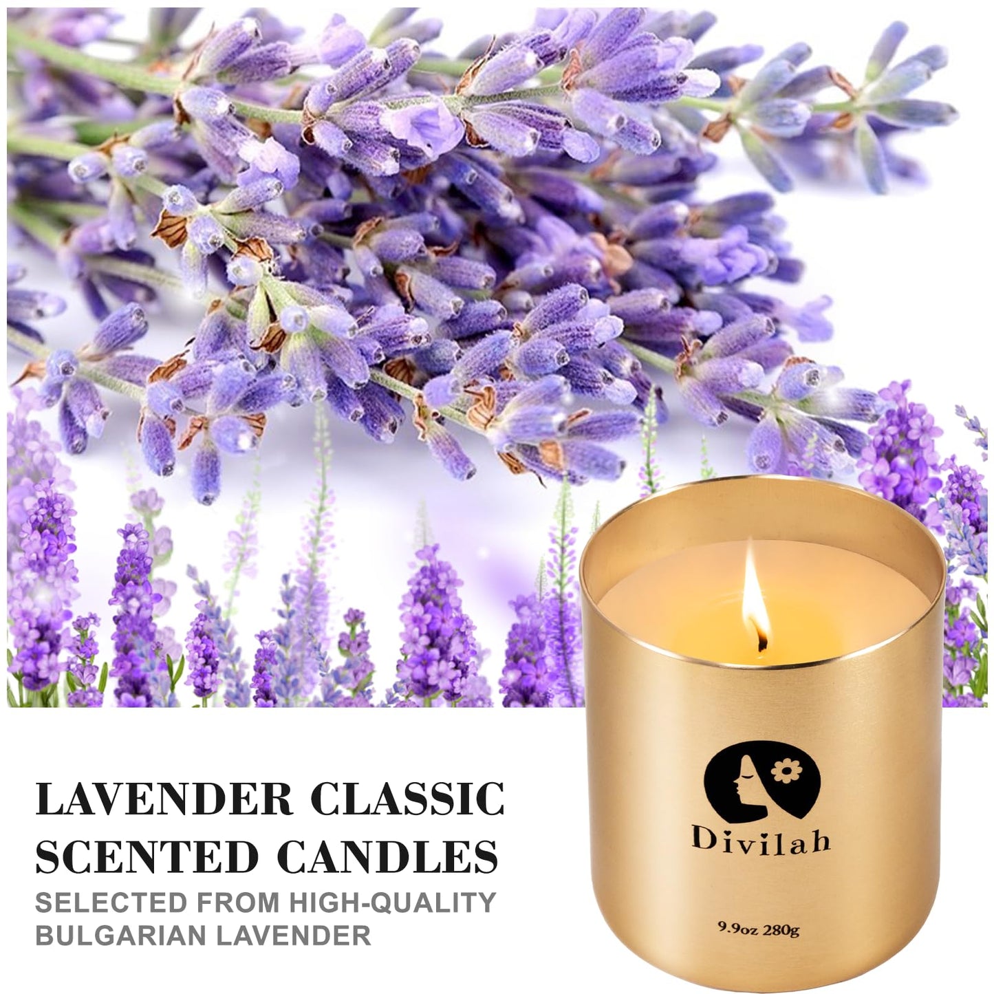 Divilah Lavender Scented Candles, 65 Hour Long Lasting Non Toxic Natural Soy Wax in Gold Aluminum Jar, Luxury Large Home Decorative Scented Candle, Relaxing Aromatherapy Gift for Women & Men, 9.9oz