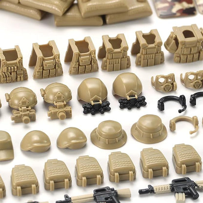 Military Weapons Pack with Shipping Cargo Container Army Equipment Helmet Armor 325Pcs Various of Military Accessories Building Block Toy Compatible with Major Brands Soldier Figures (Desert Tan)