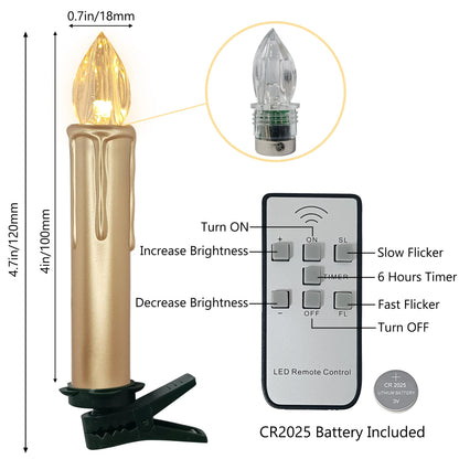 Gedengni Flameless LED Taper Candles with Clips, 4” Battery Operated Window Candles with Remote Timer Mini LED Chandelier Candlesticks for Home Decor Wedding Church Party & Tree Lighting,10 Pack,Gold
