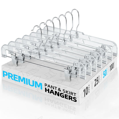 HOUSE DAY 50 Pack 14 inch Clear Plastic Pants Hangers with Clips, Skirt Hangers, Clip Hangers for Pants, Trouser Bulk Plastic Pant Hangers