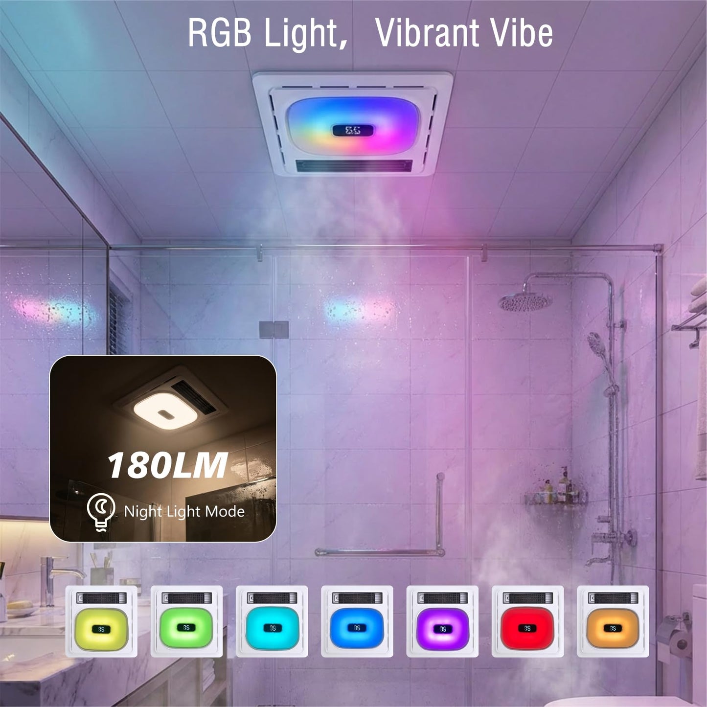 ScaleBelly Smart 5-in-1 Bathroom Exhaust Fan with Light, 180 CFM, 1.0 Sone Quiet Vent Fan, 7 LED Colors & Nightlight, Heater, Bluetooth Speaker & Remote Control for Heating, Ventilation, and Music