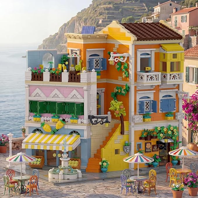 Italian Street View Building Blocks Set - 3-Story Pizza Shop &amp Lemon Store Modular Bricks with Fountain &amp Balcony Details 4017 Pieces for Adults &amp Teens Collectible Architecture Model Ki