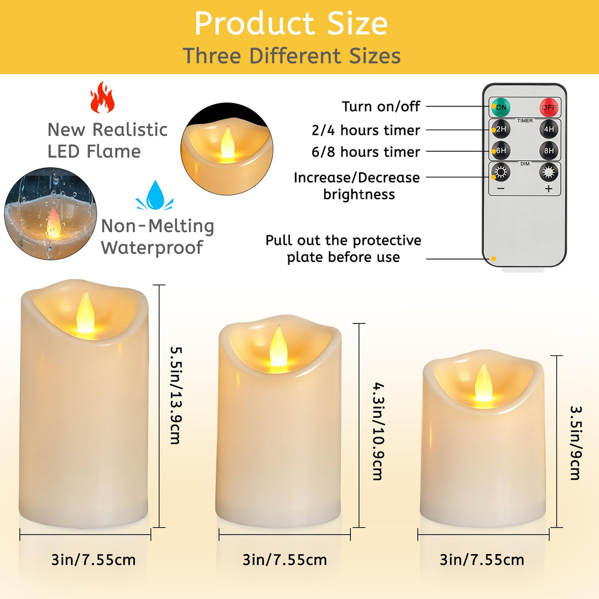 Flameless Candles 4" 5" 6" Set of 6 Outdoor Indoor Pillars Battery Operated Flickering Candles Include 8-Key Remote Timer Function, Ivory Fake Plastic Candles for Wedding, Aniversary,Christmas Decor
