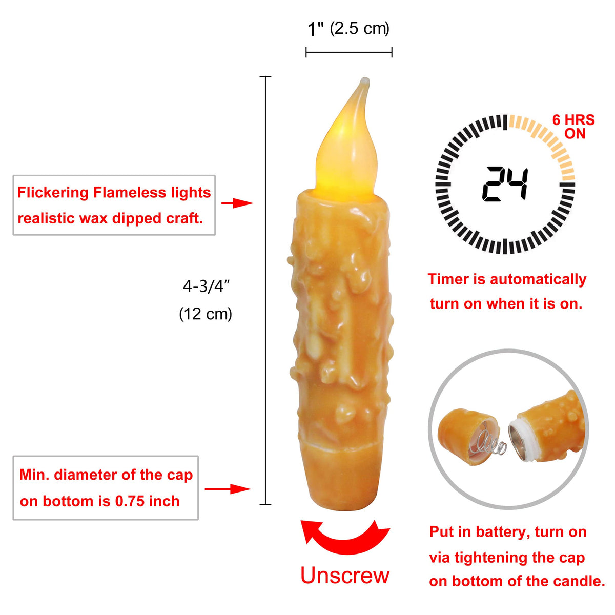 CVHOMEDECO. Real Wax Hand Dipped Battery Operated LED Timer Taper Candles Rustic Primitive Flameless Lights Decor, 4-3/4 Inch, Orange, 3 PCS in a Package