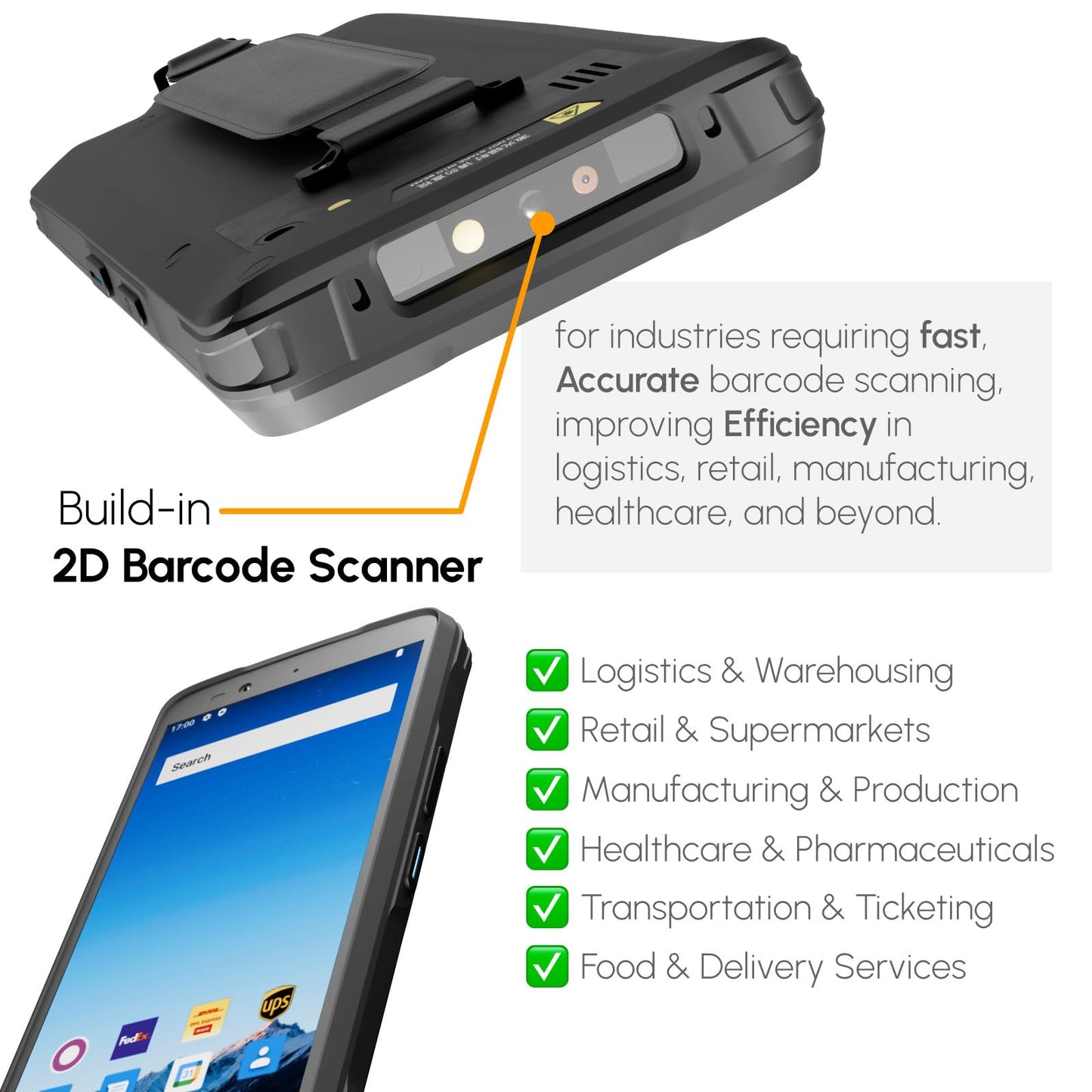 Rayoungtek Rugged Android Barcode Scanner Handheld Mobile Computer 1D 2D QR Code NFC Reader IP66 4G WiFi 6.0" Touch Screen for Inventory Retail Logistics