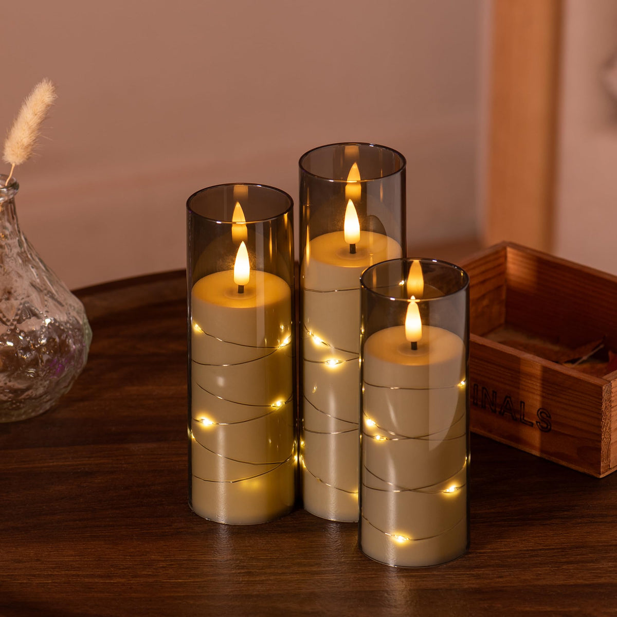 Pandaing 18 Pack Flameless Battery Operated LED Candles with Remote and Timer, Flickering Candles with Embedded Star String for Romantic Ambiance and Home Decoration, Stable Acrylic Shell (Grey)