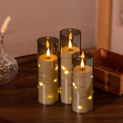 Pandaing 18 Pack Flameless Battery Operated LED Candles with Remote and Timer, Flickering Candles with Embedded Star String for Romantic Ambiance and Home Decoration, Stable Acrylic Shell (Grey)
