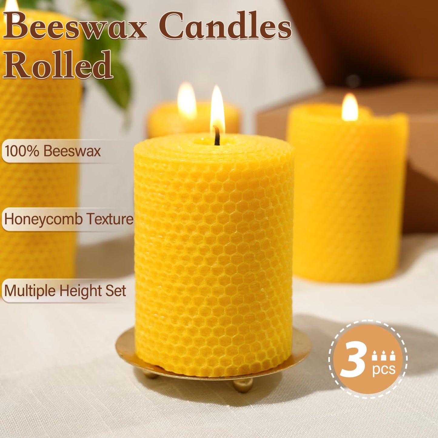 Beeswax Pillar Candles,Hand Rolled Honeycomb Design,3 Sizes,100 Hours Total