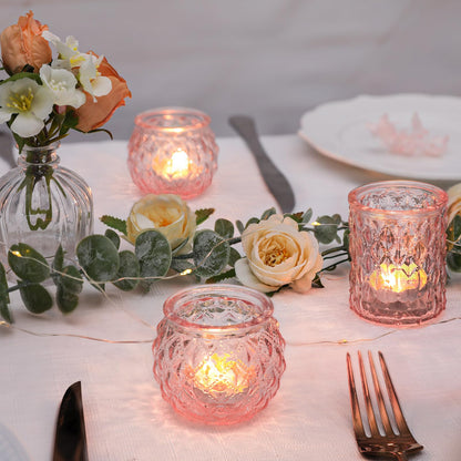 DARJEN Pink Votive Candle Holders Set of 24- Round Glass Candle Holders Bulk for Flameless LED Tea Waxes, Romantic Candle Holder for Wedding & Various Parties, Home Table Decor (Pack of 4)