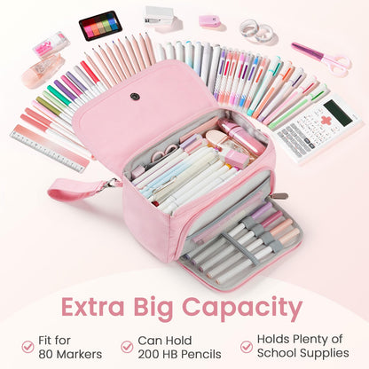 Sooez Super Large Pencil Case, Big Capacity Pencil Bag with 3 Compartments, Hold 200 pencils, Cute Pencil Pouch with Zipper, Portable Stationery Pen Bag, Aesthetic School Supplies For Girls, Pink