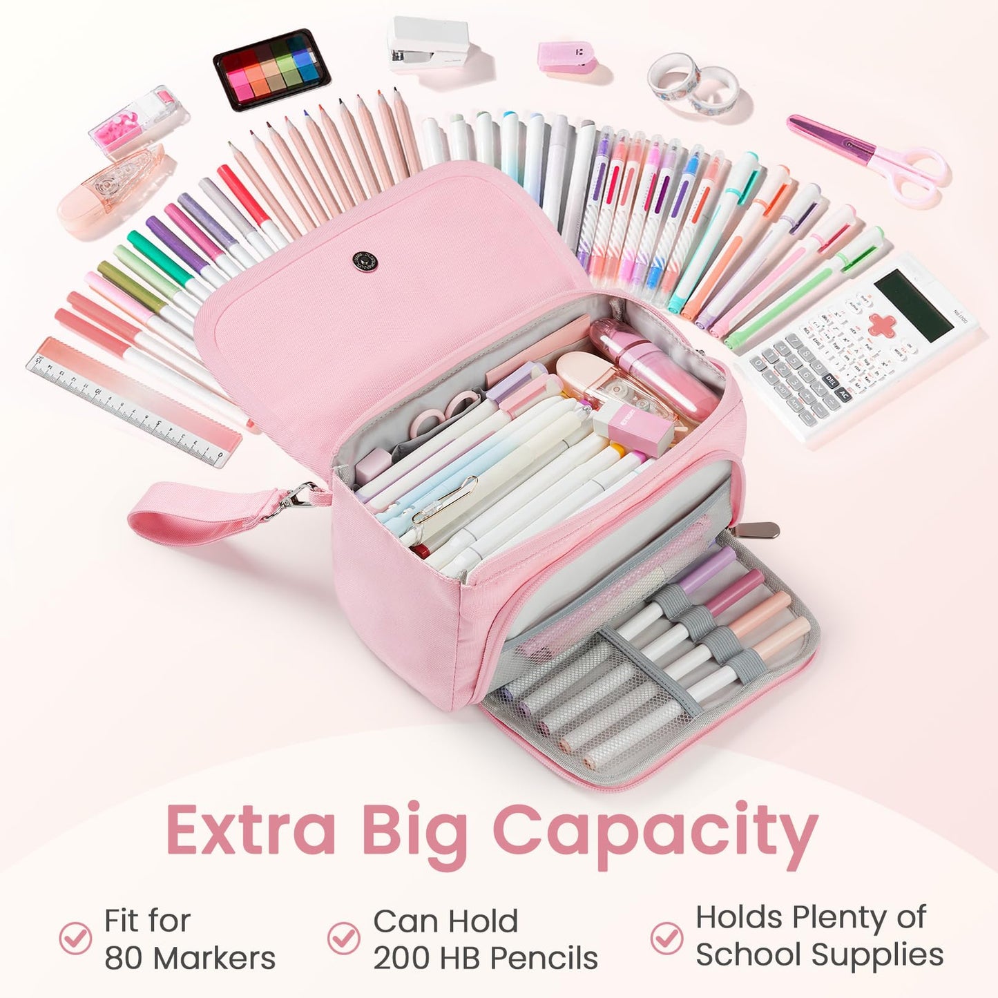 Sooez Super Large Pencil Case, Big Capacity Pencil Bag with 3 Compartments, can hold 100 pencils, Cute Pencil Pouch with Zipper, Portable Stationery Pen Bag, School Supplies For Teen Girl, Sky Blue