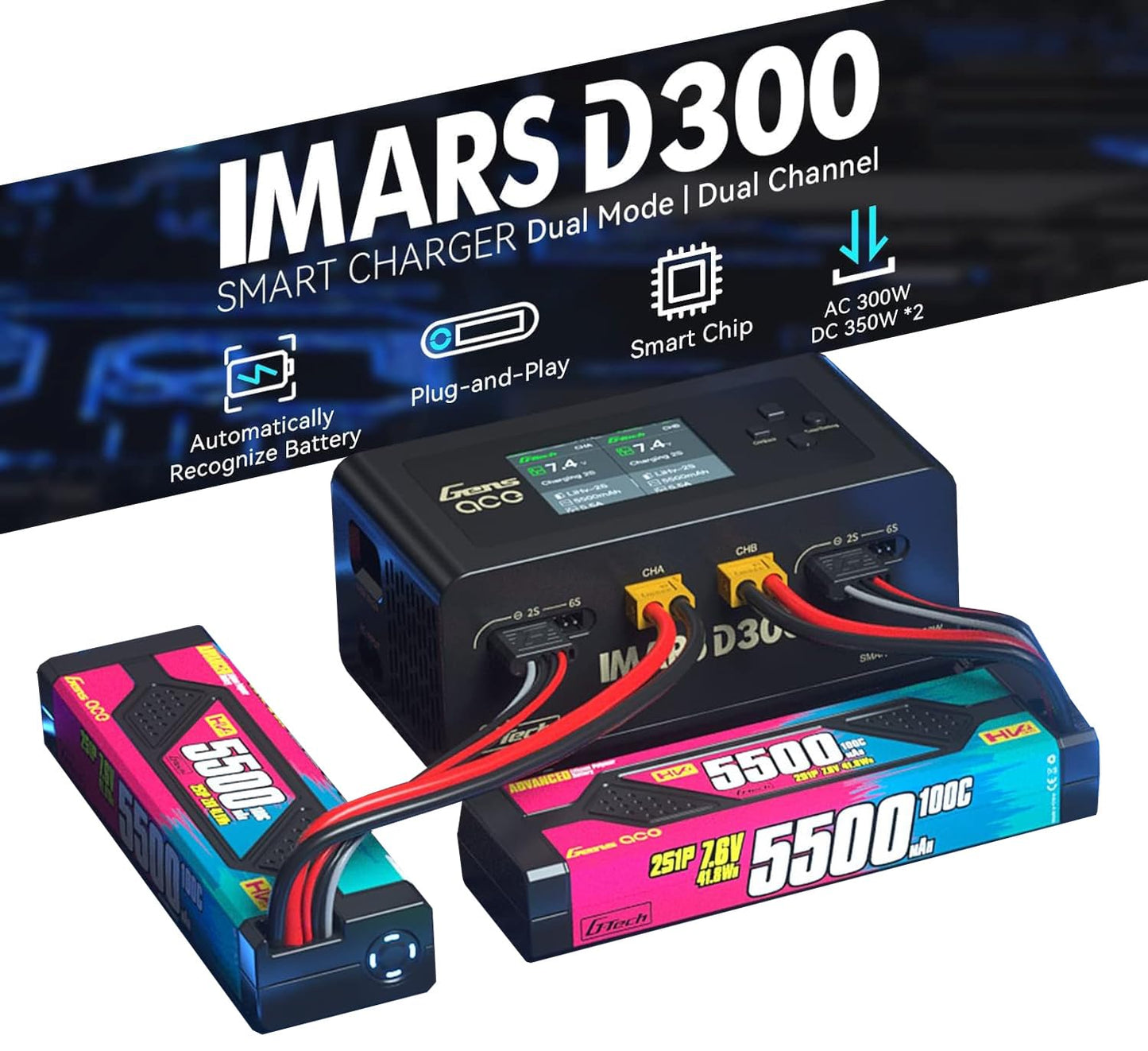 Alaohu IMARS D300 Lipo Battery Charger, Gens Ace Smart Balance Charger Dual Channel AC 300W / DC 700W (350W*2) 16A for RC LiPo Li-Ion LiHV Life Battery Charging (Black)
