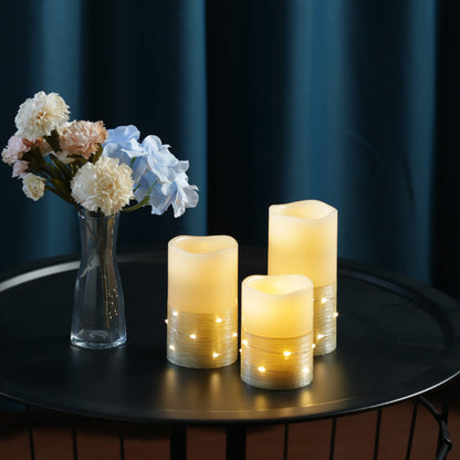 H-BLOSSOM Flickering Flameless Candles Ivory Real Wax Pillar with Embedded String Lights LED Candles Battery Operated with 10 Key Remote and Cycling 5H Timer Set of 3 (3" x 4"/5"/6") (Gold)