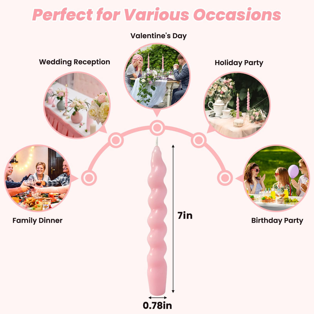 4 Pack 7 Inch Baby-Pink Spiral Taper Candles, Unscented Dripless Fat Twisted Candlesticks for Home Décor Party Wedding and Celebrations