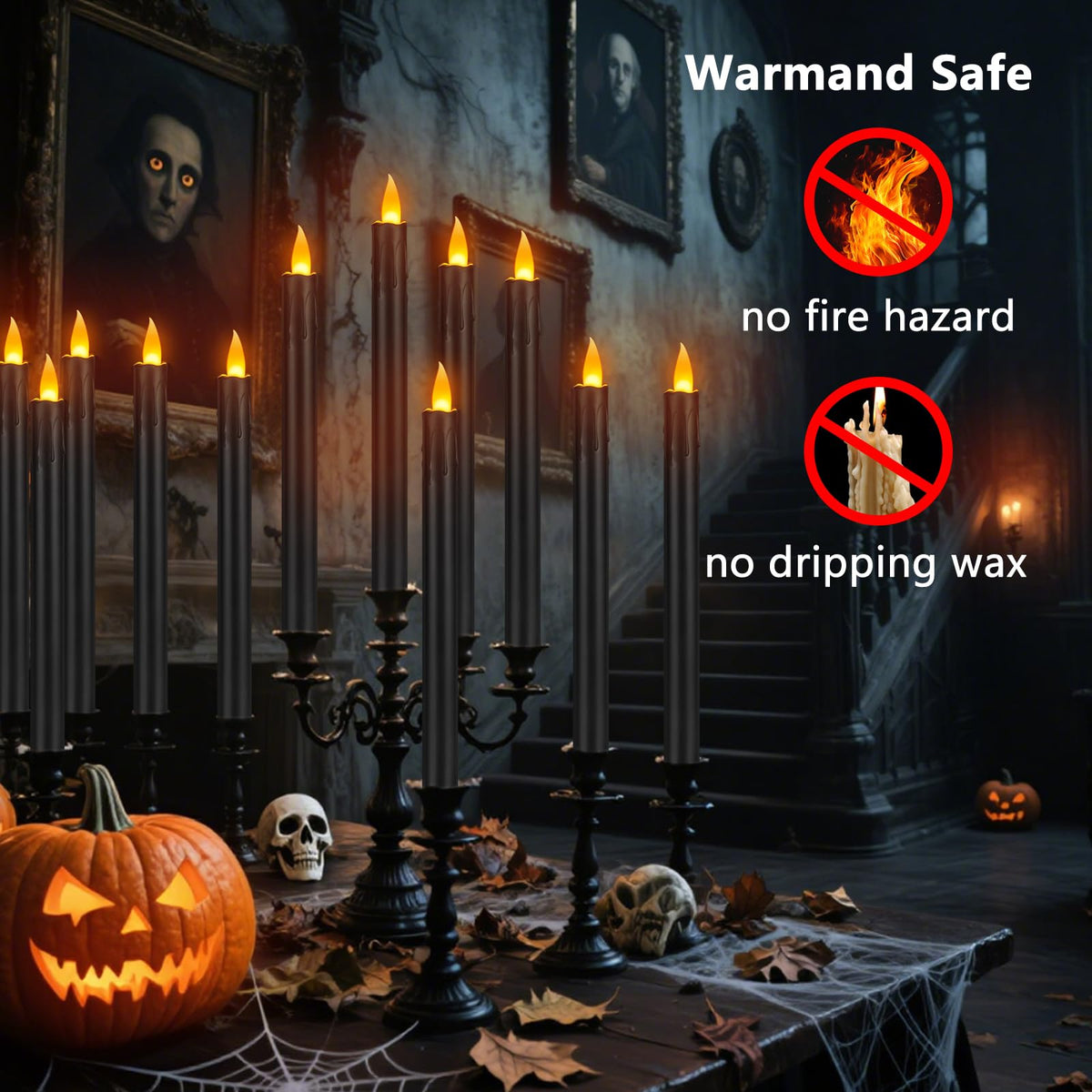 wemarry 24 Pcs Black Flameless Taper Candles with Remote, 10" Black Battery Operated Led Candlesticks with Flickering 3D Flame, Fake Taper Candles for Halloween Anniversaries Dinner Home Décor