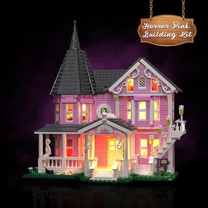 Pink Palace House Building Set with Lights Halloween Haunted House Blocks Toy Halloween House Kit for Kids Adults Compatible with Lego Christmas for Girls and Boys Aged 8+ (1349PCS)
