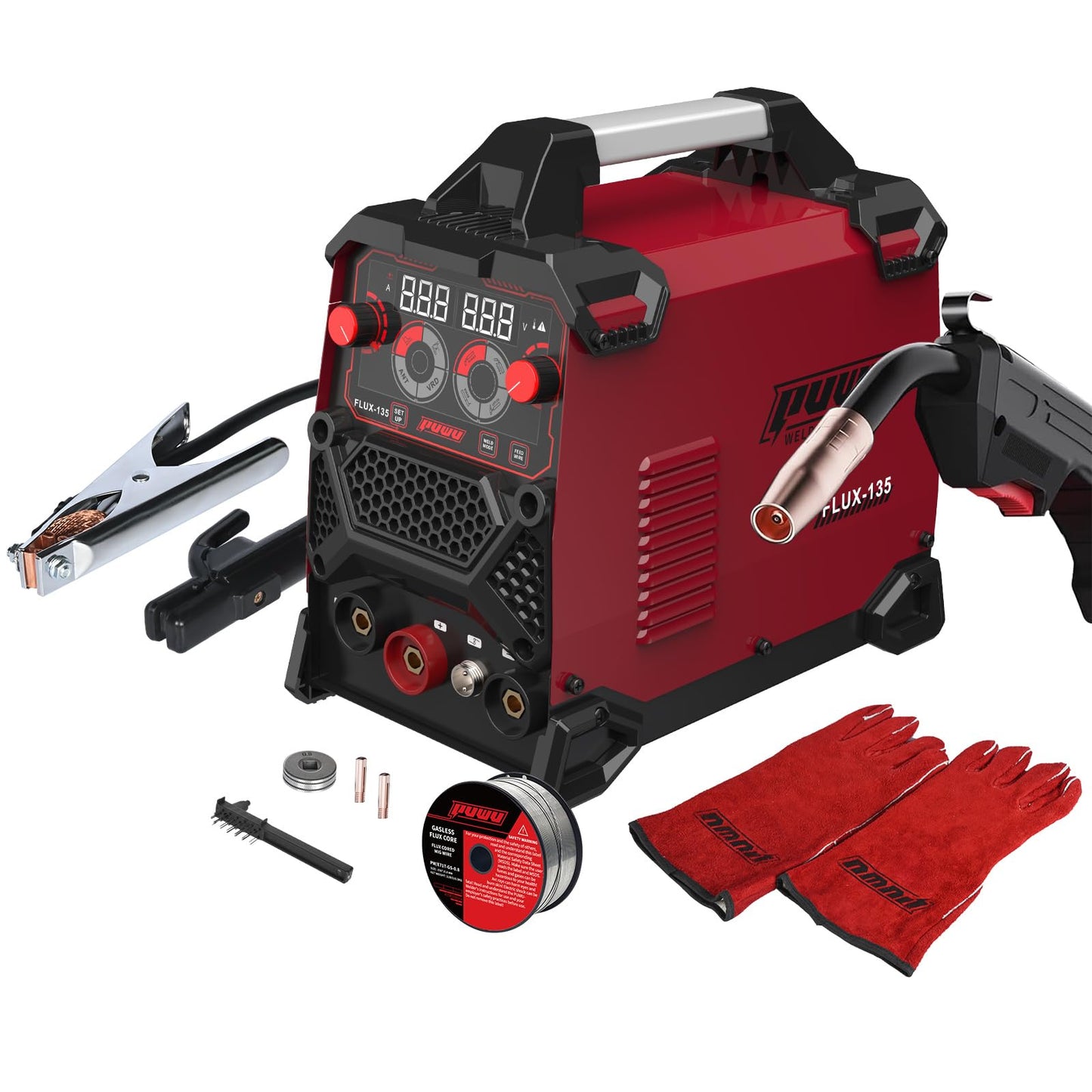 PUWU 135Amp 110V MIG Welder,Flux Core MIG/Lift TIG/Stick 3-in-1 Multiprocess Welder,IGBT Inverter Large LED Digital Display Welding Machine(RED)