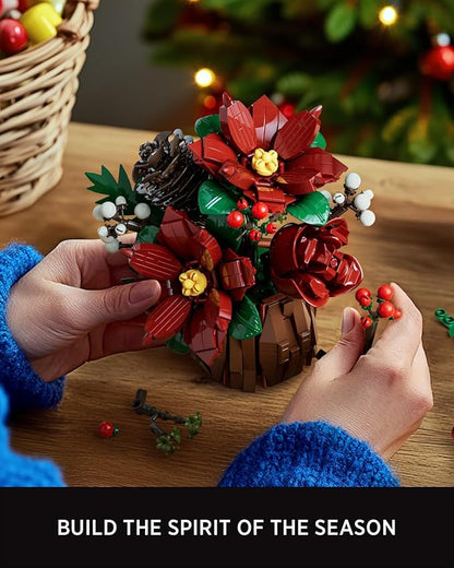 Nifeliz Poinsettia Flowers Building Set Artificial Poinsettia Floral Arrangement for Adults Tabletop Flower Decor for Home or Desk Display (767 PCS NF10347)