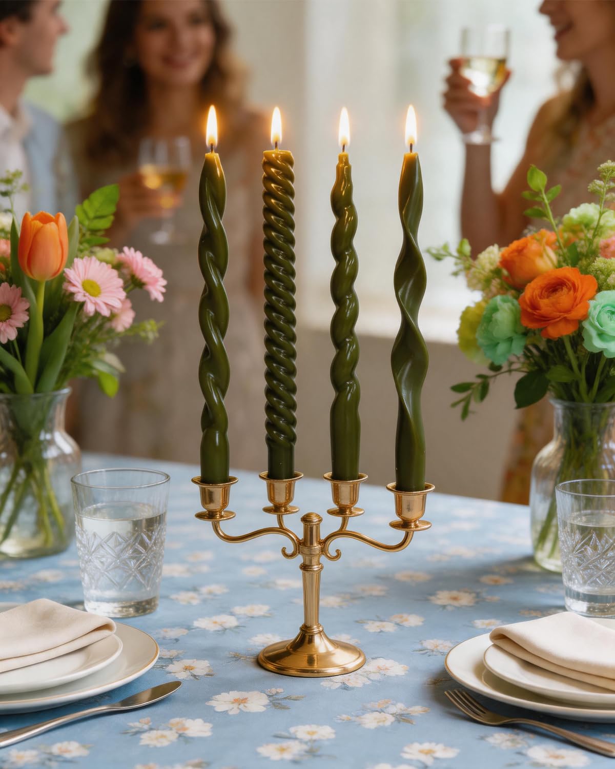 Olive Green Taper Candles Spiral Candlesticks Unscented Smokeless Tall Candles for Wedding Holiday Dinner Party Home Decorative candles-10inch,4pcs