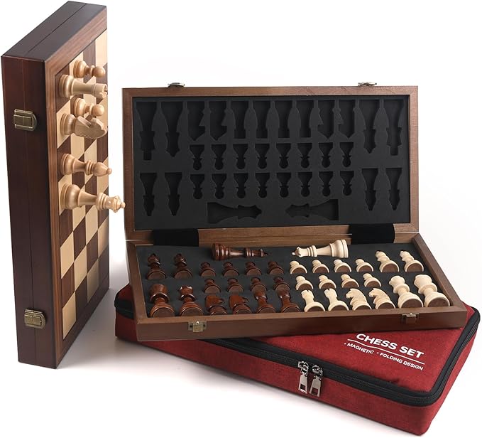 15 Magnetic Chess Set with Foldable Board &amp Travel Bag - Professional Wooden Chess Game Luxury Storage Bag - Perfect Christmas/Birthday for Men Dad (Chess Set + Bag)