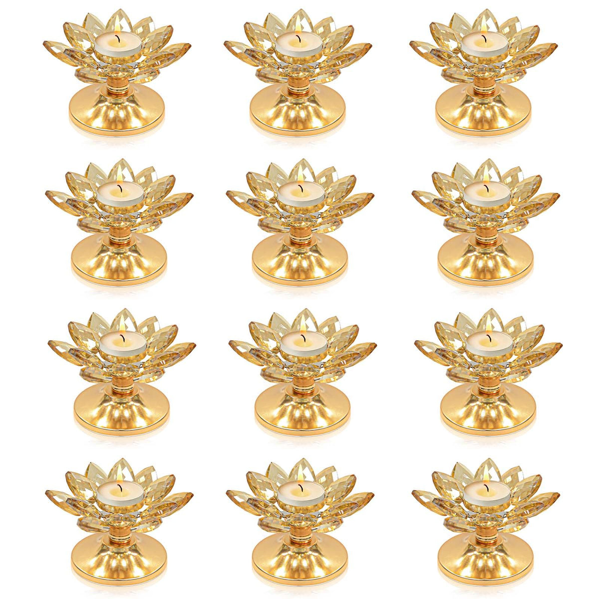 12 PCS Gold Crystal Flower Tea Light Holder Bulk, Glass Tealight Candlestick with Metal Base, Votive Candle for Table Centerpiece, Wedding/Parties Decor, Nice Gift