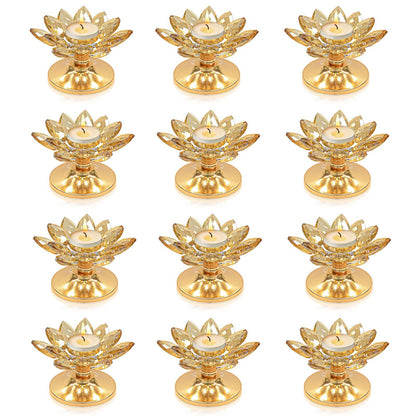 12 PCS Gold Crystal Flower Tea Light Holder Bulk, Glass Tealight Candlestick with Metal Base, Votive Candle for Table Centerpiece, Wedding/Parties Decor, Nice Gift
