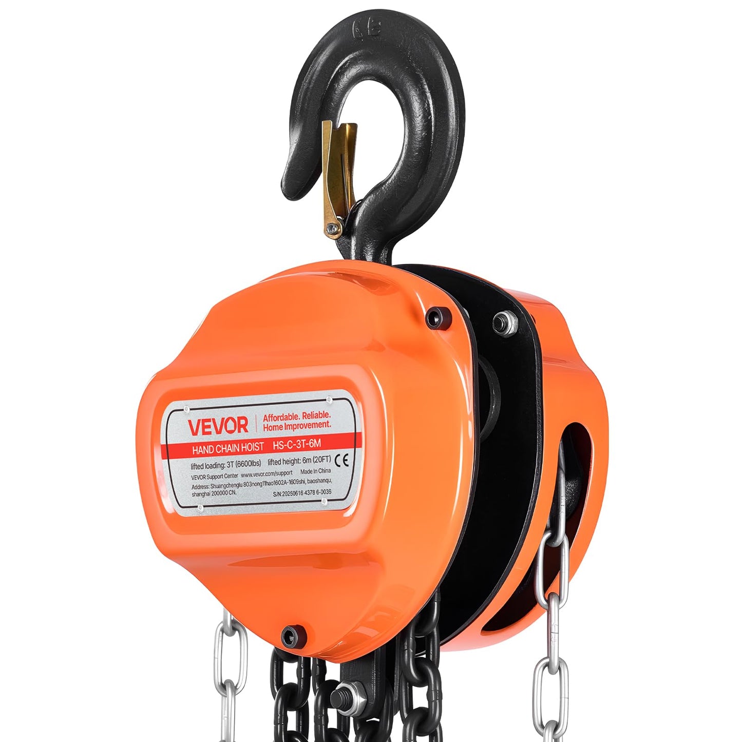 VEVOR Hand Chain Hoist, 3 Ton 6600 lbs Capacity, Manual Chain Block with Upgrade G80 Galvanized Chain, 20 ft Lifting Height, Heavy Duty Pulley Hoist for Garage Warehouse Automotive Machinery, Orange
