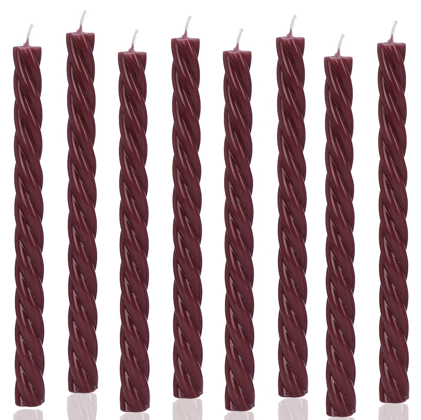 10 Inch Burgundy Spiral Taper Candles, 8 Pack Unscented Long Burning Candlesticks, Dark Red Glossy Tapered Candles for Dinner Party, Wedding Shower & Home Decor