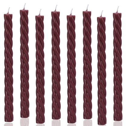 10 Inch Burgundy Spiral Taper Candles, 8 Pack Unscented Long Burning Candlesticks, Dark Red Glossy Tapered Candles for Dinner Party, Wedding Shower & Home Decor
