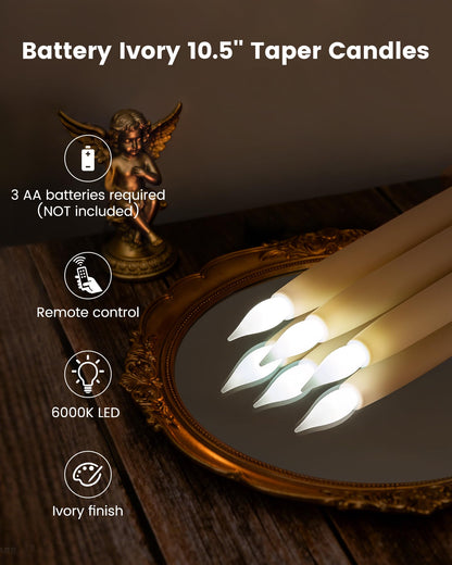SURAIELEC 10.5'' Flameless Ivory Taper Candles, Battery Operated Candle with Remote, Timer, Dimmer, 5000K Cool Clear White, Realistic LED Candle for Party, Halloween & Christmas Decoration, 6 Pack